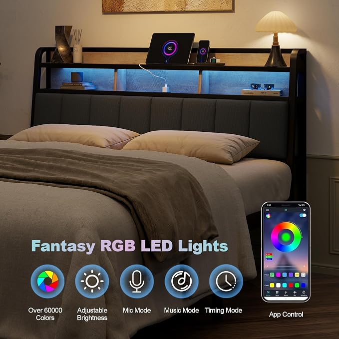 Queen Headboard Only with Storage, Charging Station, Black&Brown | Upholstered Headboards for Queen Size Bed with LED Light, Height Adjustable, Sturdy and Stable Headboard
