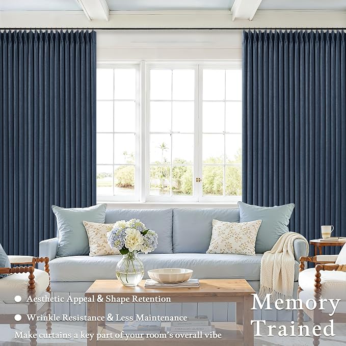 100 Inch Pinch Pleat Navy Blue 100% Blackout Curtains with Liner 2 Panels | Thick Linen Double Layer Curtain, Modern Neutral, Room Darkening Thermal Insulated, for Dining Room Bedroom, 100 Inches Long
