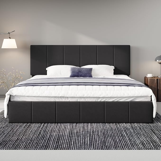 Allewie King Size Dutch Velvet Upholstered Platform Bed Frame/Vertical Channel Tufted Adjustable Headboard/Low Profile Bed Frame/No Box Spring Needed/Easy Assembly/Black