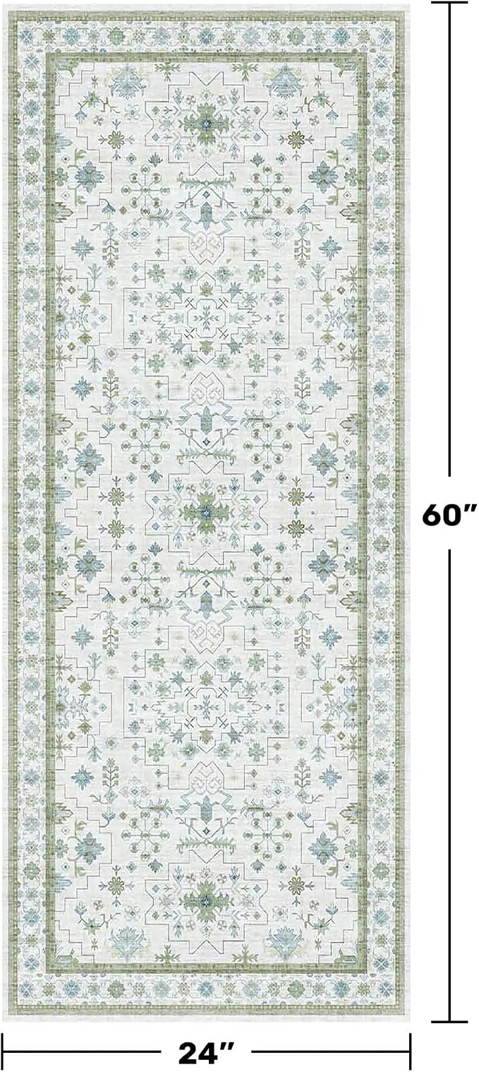 Washable Oushak Bathroom Runner Rug 2x5 - Eclectic Boho Floral Pastel, Non Slip Low Pile Stain Resistant Small Throw Rug for Bedroom, Laundry Room, Powder Room, Cream Green