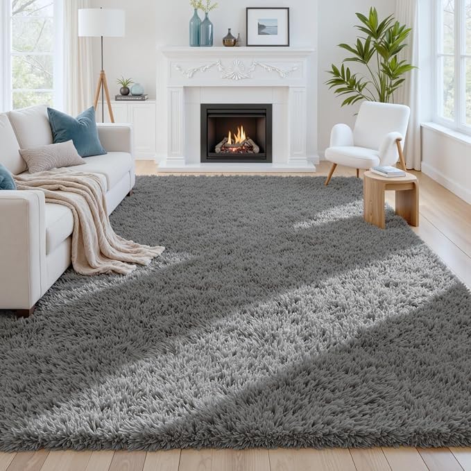 8x10 Fluffy Shag Area Rugs for Living Room Bedroom: Soft Carpet Light Gray | Upgraded Non-Slip Thick Memory Foam, Ultra Soft, Non-Shedding Fuzzy Carpet, Easy Clean Decor for Kids Room, Nursery, Playroom