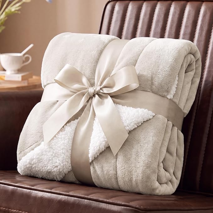 Bedsure GentleSoft Sherpa Fleece Blanket Queen Size for Bed, Non-Heated, Thick and Warm Throw for Women and Men, Soft Fuzzy Plush Queen Blanket for Winter, Beige, 90x90 Inches