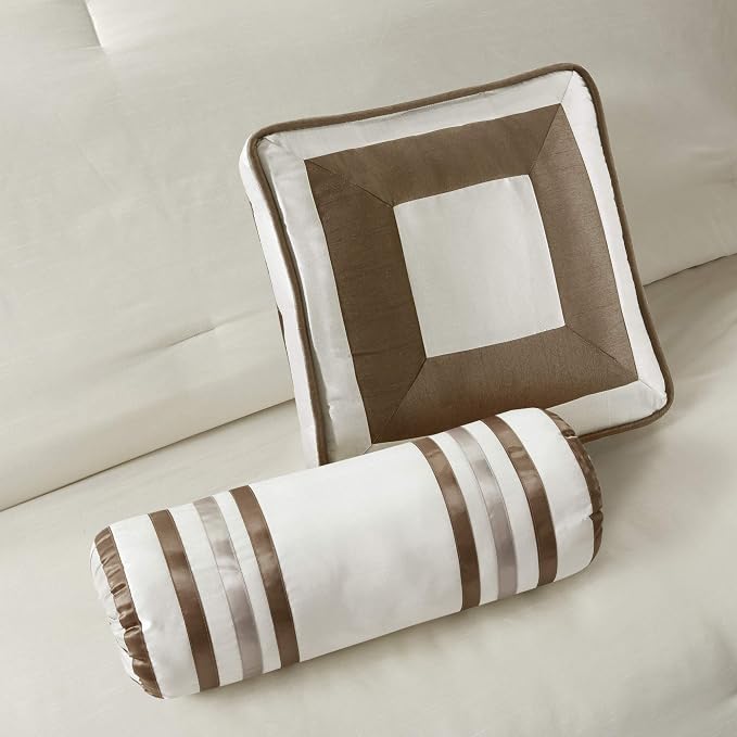 Madison Park Deluxe Hotel Style Comforter Set, 7PC King Bedding Set | All Season Down Alternative Luxury Bedding with Comforter, Shams, Bed Skirt, Decorative Pillows, Taupe/Brown