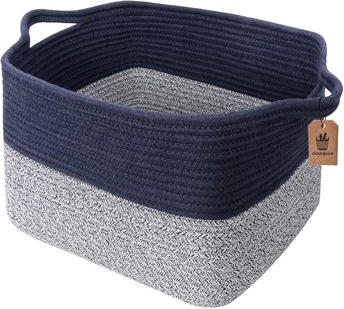 Goodpick Woven Storage Basket for Shelves, 13" x 10" x 9", Blue | Decorative Gift Basket for Nursery & Bedroom Organization, Cotton Rope Baskets for Books, Toys & Towels, Reinforced Handles