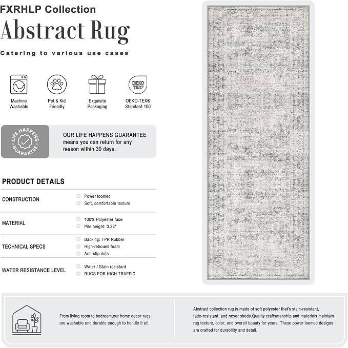 3x8 Washable Runner Rug：Modern Abstract Soft Carpet Black Grey | For Hallway, Bedroom, Kitchen, Laundry, Bathroom,Door Mat,Modern Abstract,Machine washable,Non-Slip,Stain Resistant,Indoor