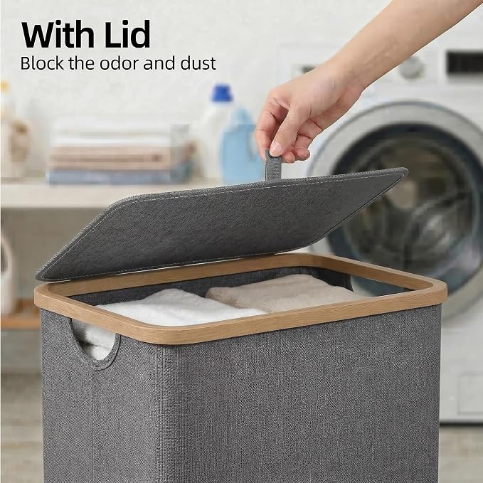 efluky Slim Laundry Basket with Lid, Narrow Laundry Hamper with Removable Bag, Skinny Dirty Clothes Basket with Bamboo Handles for Bathroom, Bedroom & Laundry Room, 75L Grey