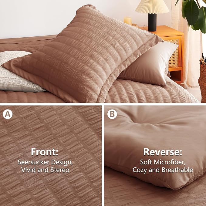 Queen Comforter Set, 7 Pieces Mocha Mousse Seersucker Bed in a Bag | OEKO-TEX Certified, All Season Bedding Set with 240 GSM Down Alternative Comforter, Flat & Fitted Sheets, Pillowcases & Shams