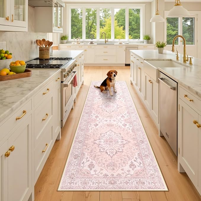 RELEANY Washable Area Rug, Runner 2'6"x8', Pink | Non-Slip, Water Repellent, Pet Friendly, Easy to Clean, Vintage Floral Boho Decor for Kitchen Entry Bedroom Bedside Laundry