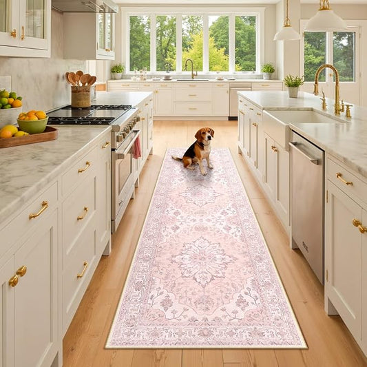 RELEANY Washable Area Rug, Runner 2'6"x8', Pink | Non-Slip, Water Repellent, Pet Friendly, Easy to Clean, Vintage Floral Boho Decor for Kitchen Entry Bedroom Bedside Laundry