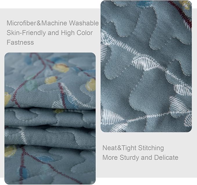Exclusivo Mezcla Reversible Boho Quilts Queen Size Blue | Lightweight Soft Bedspreads, All Season Flowers Coverlet Bedding Set, Printed Floral Pattern, 1 Quilt and 2 Pillow Shams