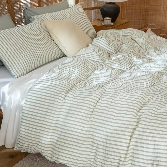 Queen Size Comforter Set Striped Soft Luxury Washed Microfiber Jacquard 3 Pieces Bedding, Sage Green Vertical Ticking Stripes Pattern Comforter with 2 Pillowcases Breathable Durable Comfy