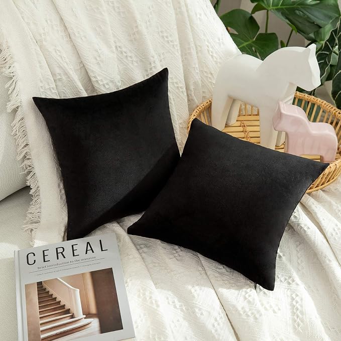 MIULEE Velvet Throw Pillow Covers 14x14 Inch Pack of 2 Black | Soft Solid Small Decorative Pillow Covers, Modern Luxury Home Decor, for Couch Chair Sofa Bedroom Livingroom Car
