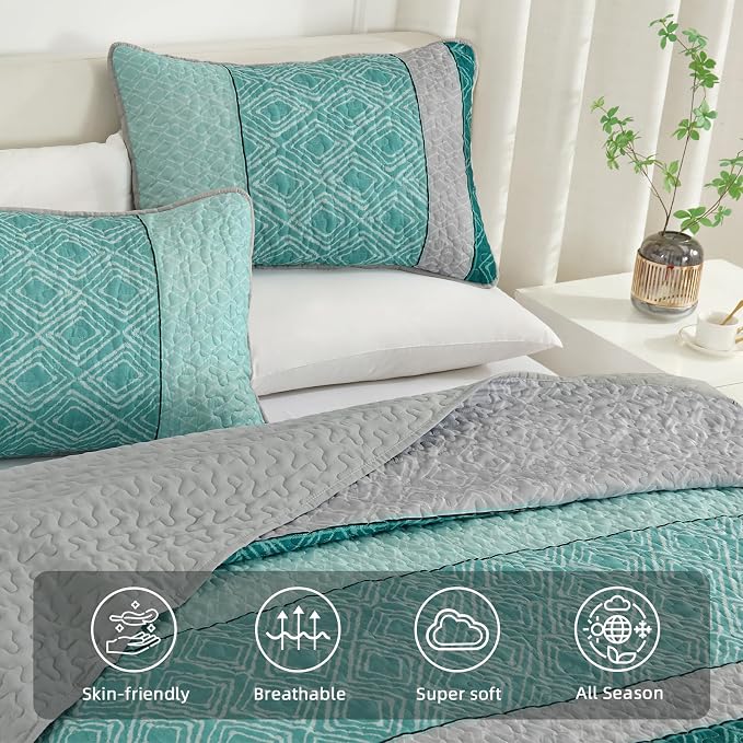Cottolester Boho Quilt Set California King Size,Teal Blue Striped Bedspread | Soft Summer Lightweight Coverlets Set，Microfiber Patchwork Quilt Bedding Sets for All Seasons 110"x96"