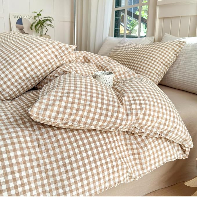 LifeTB Tan Gingham Comforter Set California King Modern Plaid Comforter Set | 3 Pieces Beige Grid Comforter with 2 Pillowcases Soft Fluffy Checkered Grid Pattern Gingham Bedding Set for All Seasons