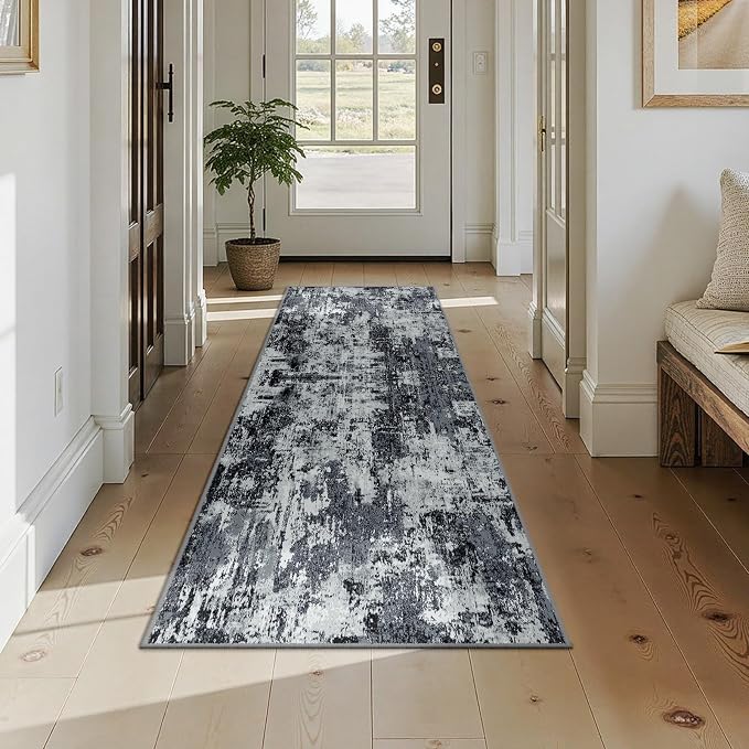 RELEANY Washable Runner 2'x7' Abstract Area Rug for Hallway Black White | Carpet for Kitchen, Entryway, Bathroom, Living Room, Bedroom, Printed Pattern, Non‑Slip, Soft, Stain‑Resistant, Easy to Clean