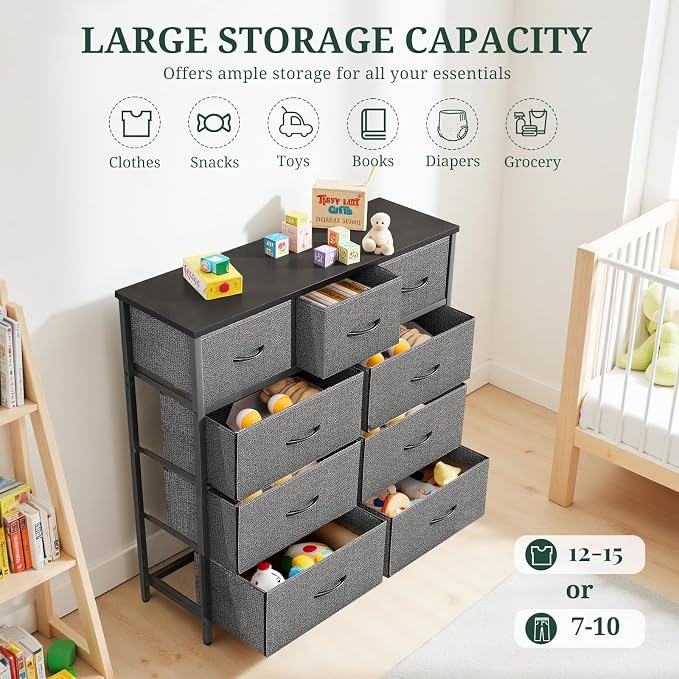 9-Drawer Dresser for Bedroom, Anti-Tip Tall Storage Organizer | Chest of Drawers with Wooden Top and Metal Frame Fabric Bins for Closet, Living Room, Hallway, Entryway, Gray