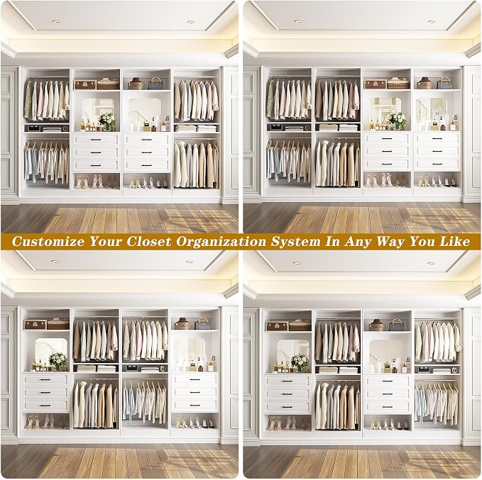 Unikito Closet System, 100" Closet Organizer with Drawers & Mirrors, White | Large Wood Walk-in Closet Wardrobe Organizer with Hanging Rods & Adjustable Shelves, Sturdy Freestanding Garment Rack Tower