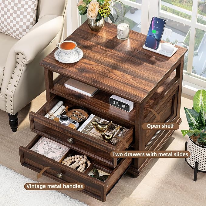 Joaxswe Farmhouse Nightstand with Charging Station, 24" Wide End Table with 2 Drawers,Brown Dresser for Bedroom, Bed Side Table Chest of Drawers Cabinet,Wood Night Stand for Living Room, Closet