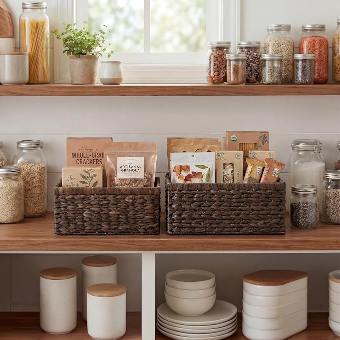 StorageWorks Large Wicker Baskets for Storage, Dark Brown Baskets, 2-Pack | Hyacinth Dark Brown Wicker Baskets with Handles, Wicker Storage Baskets for Organizing, Wicker Storage Baskets for Shelves