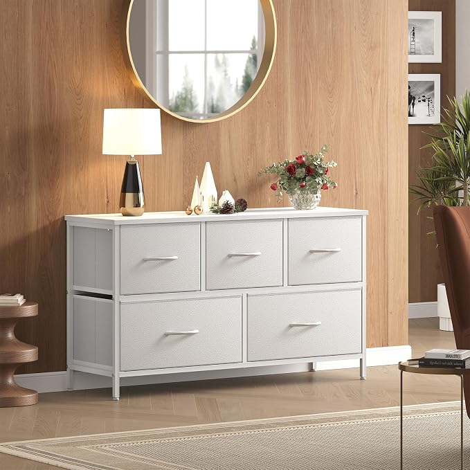 OLIXIS White Dresser for Bedroom, Wide Chest of Drawers for Clothes Storage | Fabric Bedroom Dresser with 5 Drawers, Storage Organizer Unit with Fabric Bins, Wooden Top, Living Room