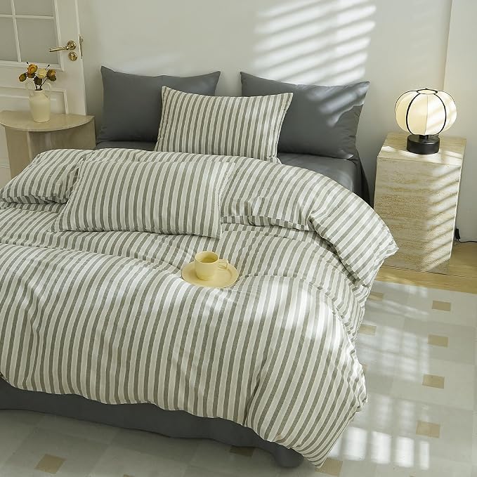 LifeTB Twin XL Comforter Set Retro Striped Comforter Set, 3 Pieces White Grey Stripes Pattern Printed Comforter for All Seasons, Lightweight Striped Bedding Down Alternative Comforter Set Twin XL