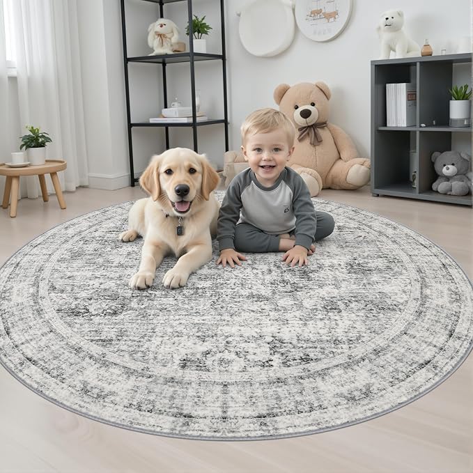 Round Area Rug Living Room: 5 ft Modern Washable Indoor Carpet | For Bedroom Dining Room Farmhouse Nursery Hallway Office,Modern Abstract,Machine washable,Non-Slip,Stain Resistant,Indoor