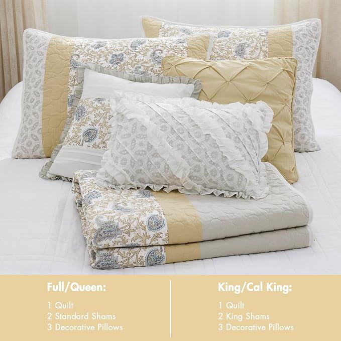 Madison Park 100% Cotton Quilt Set Floral Print, Double Sided Stitching, All Season, Lightweight Coverlet Shabby Chic Bedding Layer, Matching Shams, Full/Queen, Yellow 6 Piece | Double-Sided Stitching Floral Design, All Season, with Shams, Bed Skirt, D...