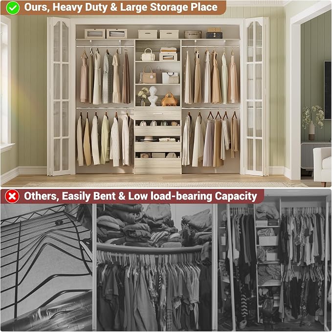 Aheaplus Closet System with 4 Drawers, 8FT Wood Closet Organizer System | 96" Closets Built In System Tower with Shelves & 4 Rods, Walk-in Closets Wardrobe Clothes Rack, Fits Spaces 4-9 ft, White Oak