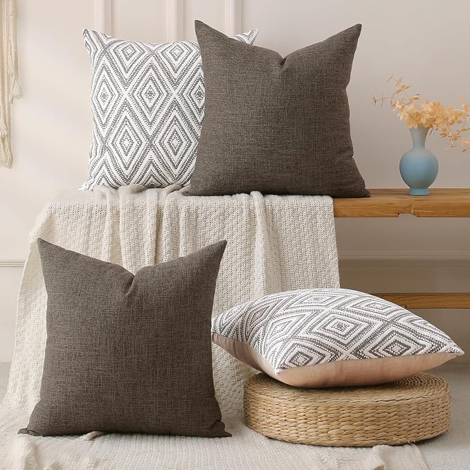 HPUK Throw Pillow Covers 18x18, Set of 4, Natural Couch Pillow Covers | Polyester fabric, patterned and solid designs, hidden zippers, machine washable, for sofas and beds, inserts not included
