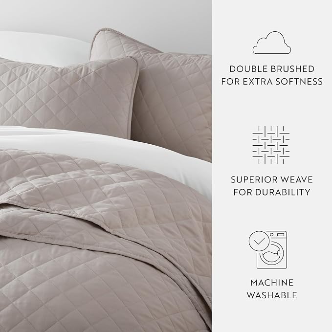 Merit Linens Modern Quilt Coverlet Soft Set in Diamond Stitching - Twin/TwinXL Latte