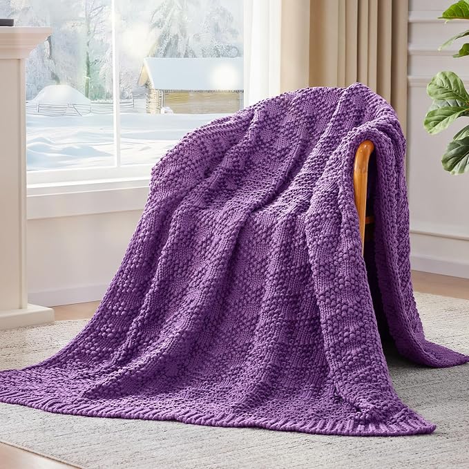 Anysay Knitted Weighted Blanket for Adult,Chunky Knit Throw 50''*60'' 10lbs | Cooling Weighted Blanket for Sleep Breathable Machine Washable Fall Heavy Blanket for Room Decor(Purple)
