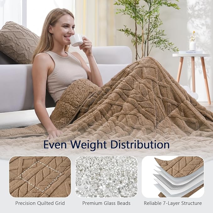 Mr. Sandman Weighted Blankets for Adults, Queen Size 60 x 80 Inches, 15lbs | Machine Washable; Soft Warm Sherpa Fleece; Fluffy Jacquard with Glass Beads; Heavy Throw for Sleep and Calm; Warm Taupe
