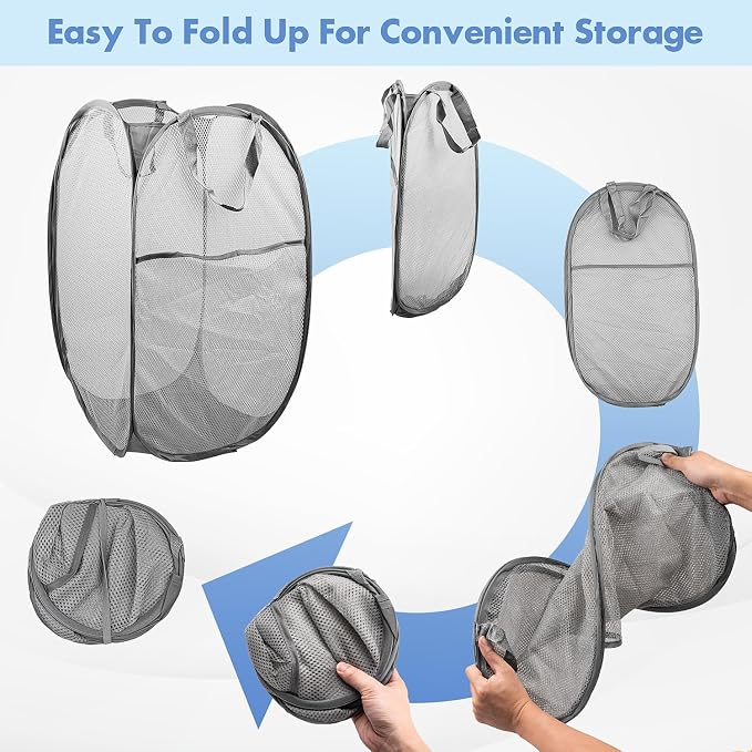 2 Pack Pop Up Laundry Hampers, 70 L Collapsible Foldable Mesh Basket, Gray | Reinforced handles, breathable fabric, foldable, portable for dorm college travel camping cruise, dirty clothes, toys storage