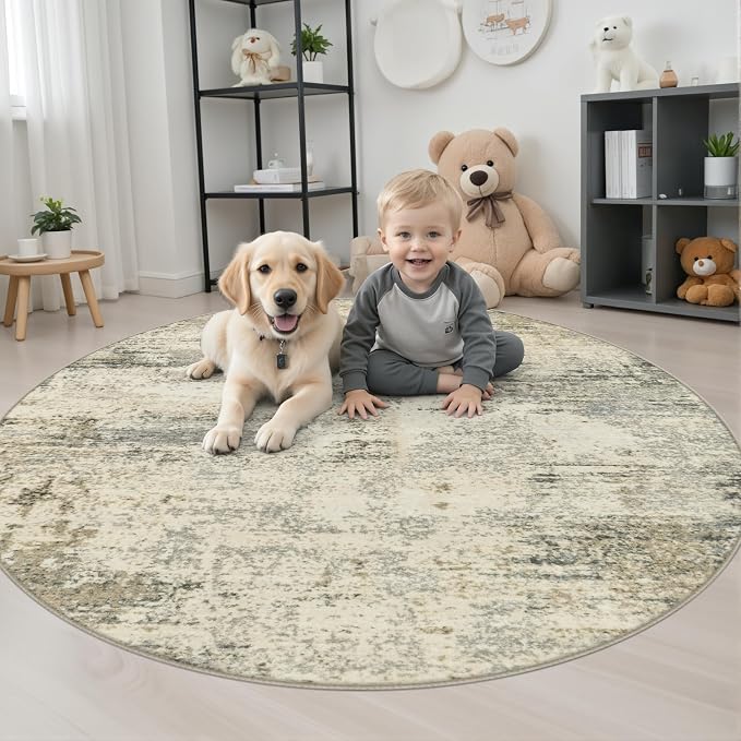 Round Area Rug Living Room: 5 ft Modern Washable Indoor Carpet | For Bedroom Dining Room Farmhouse Nursery Hallway Office,Modern Abstract,Machine washable,Non-Slip,Stain Resistant,Indoor