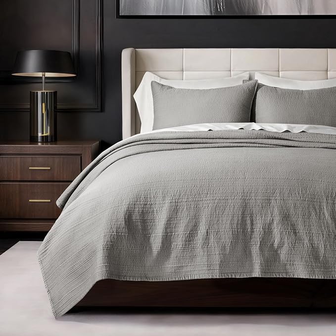 EVERGRACEHOME Cotton Sateen Channel Quilt Set, King Size, Fog Gray | 100% Cotton, Pre-Washed Soft Coverlet Bedspread, 3-Piece Refined Channel Stitch Bedding Set for All Season, 2 Pillow Shams