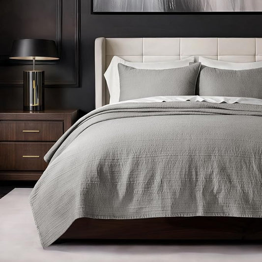 EVERGRACEHOME Cotton Sateen Channel Quilt Set, King Size, Fog Gray | 100% Cotton, Pre-Washed Soft Coverlet Bedspread, 3-Piece Refined Channel Stitch Bedding Set for All Season, 2 Pillow Shams