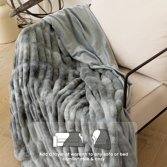 Ultra Soft Cozy Faux Fur Throw Blanket, Fuzzy Plush Thick Bubble Blanket, Luxury Fluffy Blanket for Couch, Sofa, Bedroom, and Living Room, 50x60 Inches,Tie-Dye Gray