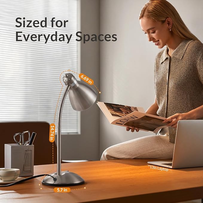 LEPOWER Metal Desk Lamp, Adjustable GooseNeck Reading Light for Bedroom | Compact & Sturdy, Space-Saving for Bedside & Dorm, E26 Table Lamp, Eye-Caring, Ideal for Study, Office, Back to School