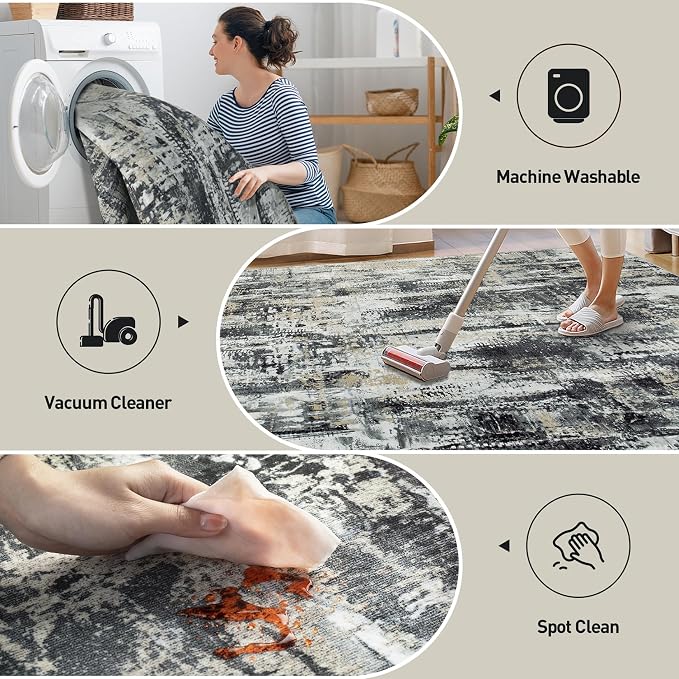 5x7 Area Rugs for Living Room: Washable Abstract Black Grey Gold Carpet | Non-slip TPE backing makes this washable soft low-pile rug safe & durable, Pet-friendly decor for dining room,nursery,office