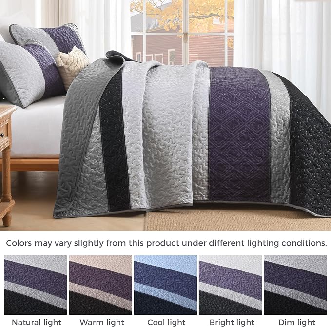 Cottolester Boho King Size Quilt Set,Black Purple Striped Bedsperads Set | Modern Boho Style,Striped Plaid Design,Ultra Soft Lightweight Microfiber Quilted Bedding Sets for All Seasons 110"x90"