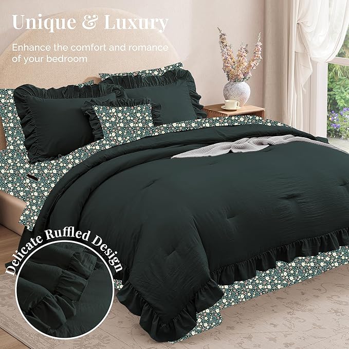Oversized Queen Comforter Set-7 Pieces Ruffle Bedding | Forest Green Bed in a Bag, Soft All Season All Season Oversized Queen Bedding Sets with Floral Sheets, Pillowcases & Shams