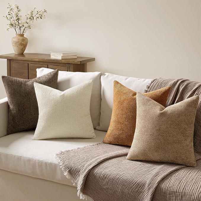 MIULEE Soft Decorative Chenille Fall Pillow Covers Brown 18x18 Pack of 4 | Rustic Home Decor, Layered Brown Collection, Couch Throw Pillows, Farmhouse Boho Cushion Covers for Sofa Bed Living Room