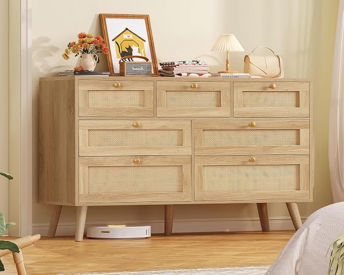 TEENFON Dresser for Bedroom, 47.2''Wide 7 Drawer Rattan Dresser, Wood Dressers TV Stand, Boho Dressers & Chests of Drawers for Bedroom, Entryway, Natural