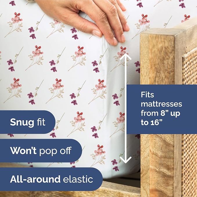 Queen 4 Piece Floral Sheet Set - Soft, Breathable & Cooling - Autumn Posy | 1 Flat, 1 Fitted & 2 Pillowcases w/ Deep Pockets, Boho Botanical Floral Bedding, Breathable & Cooling, Wrinkle & Fade Free