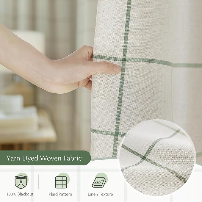 DriftAway 100% Blackout Plaid Linen Curtains W52xL63 Loden Green | 100% Blackout, Linen Texture, Plaid Pattern, Two Layers, Rod Pocket & Back Tab, Bedroom Living Room Use, Luxury Appearance