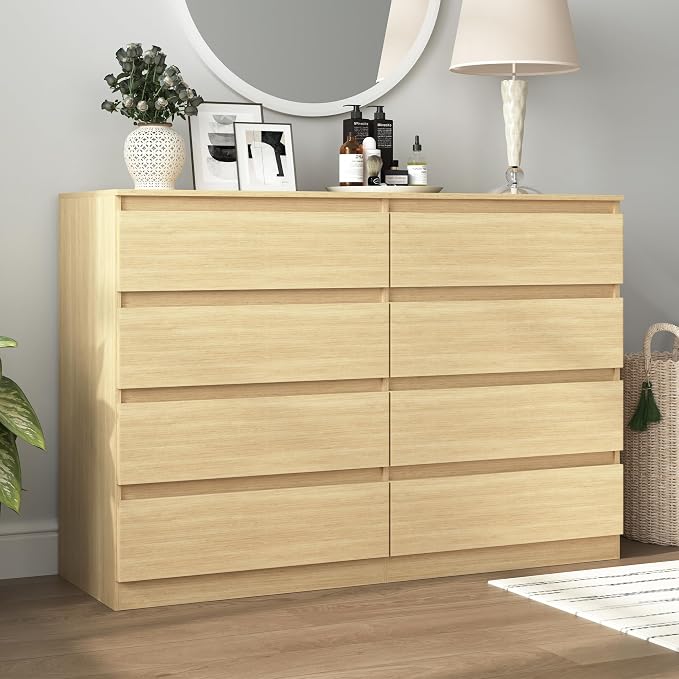 Vibe & Dine 8 Drawer Double Dresser, Modern Chest of Drawers with Wide Storage for Closet, Bedroom, Living Room, Natural Wood