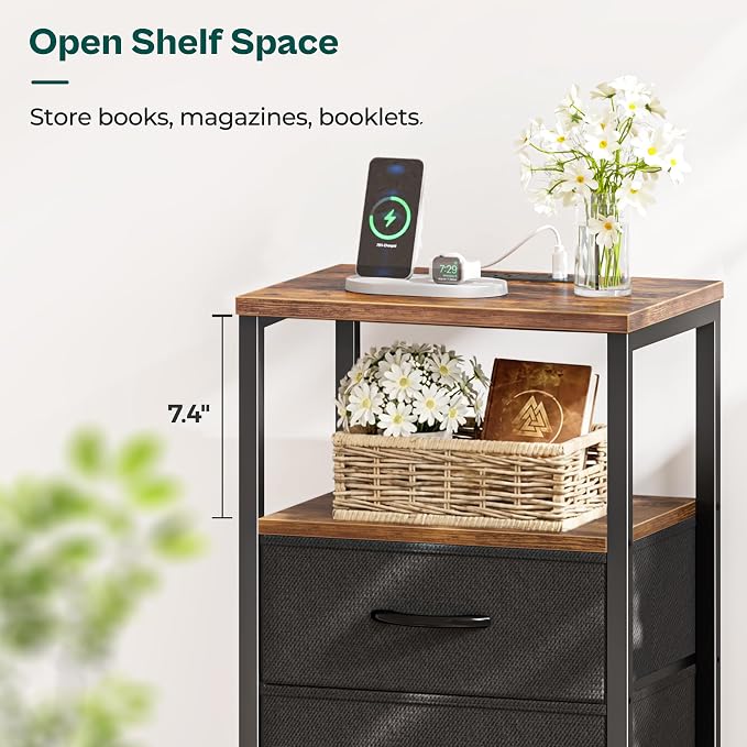 Huuger Nightstand with Charging Station, Side Table with Fabric Drawers, End Table with Open Shelf, Bedside Table with USB Ports and Outlets, Night Stand for Bedroom, Rustic Brown and Black | End Table with Open Shelf, Bedside Table with USB Ports and ...