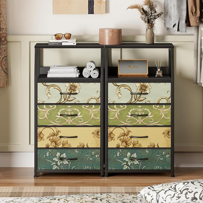 Furnulem Retro Small Dresser for Bedroom, Tall Nightstand with 4 Drawers | Vintage Dorm Fabric Bedside Table Side Furniture, Storage Organizer for Closet with Metal Frame, Wood Top, 2-Tier Shelf