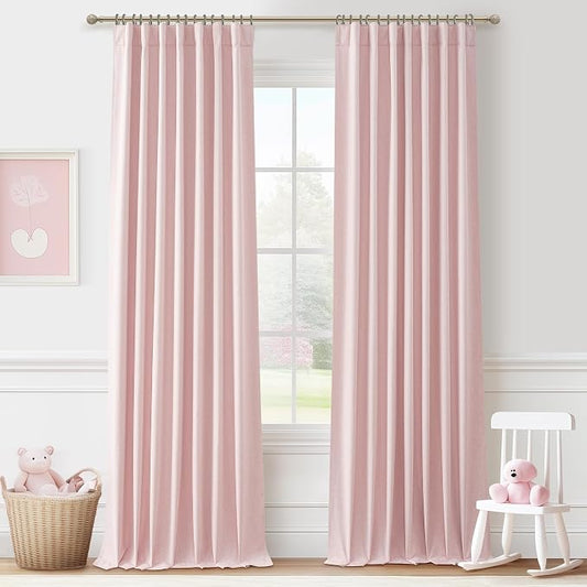 Cute Baby Pink Blackout Curtains 90 Inches Long for Girls Bedroom 2 Panels Set, Textured Linen Pleated Room Darkening Curtain Privacy Thermal Heavy Window Drape for Nursery with Rod Pocket 50"W x 90"L