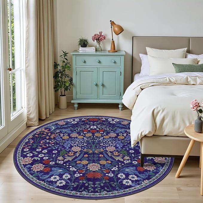 PLHXFR Round Area Rug Living Room: 6 ft Floral Washable Soft Carpet Blue | For Bedroom Dining Room Farmhouse Nursery Hallway,Vintage Floral,Machine washable,Non Slip,Stain Resistant,Large Indoor